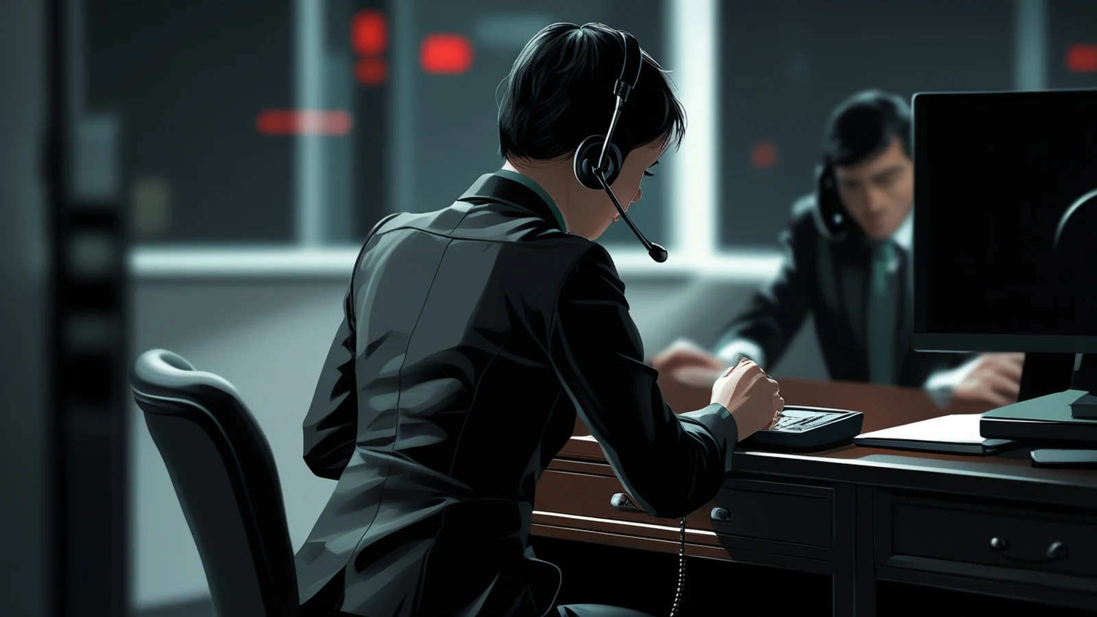 A customer support specialist at a graphite-toned office desk with a headset, corded desk phone, and locked drawer during a support shift