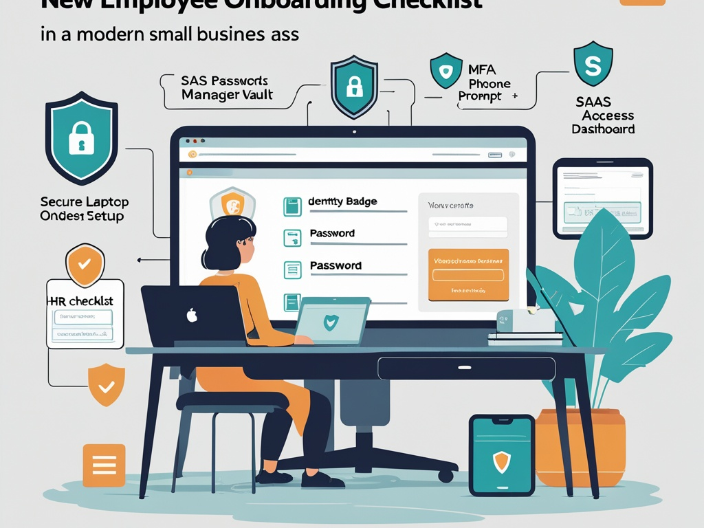 Cybersecurity onboarding illustration showing a new employee laptop setup, password manager, MFA prompt, SaaS access dashboard, HR checklist, and secure browser workspace