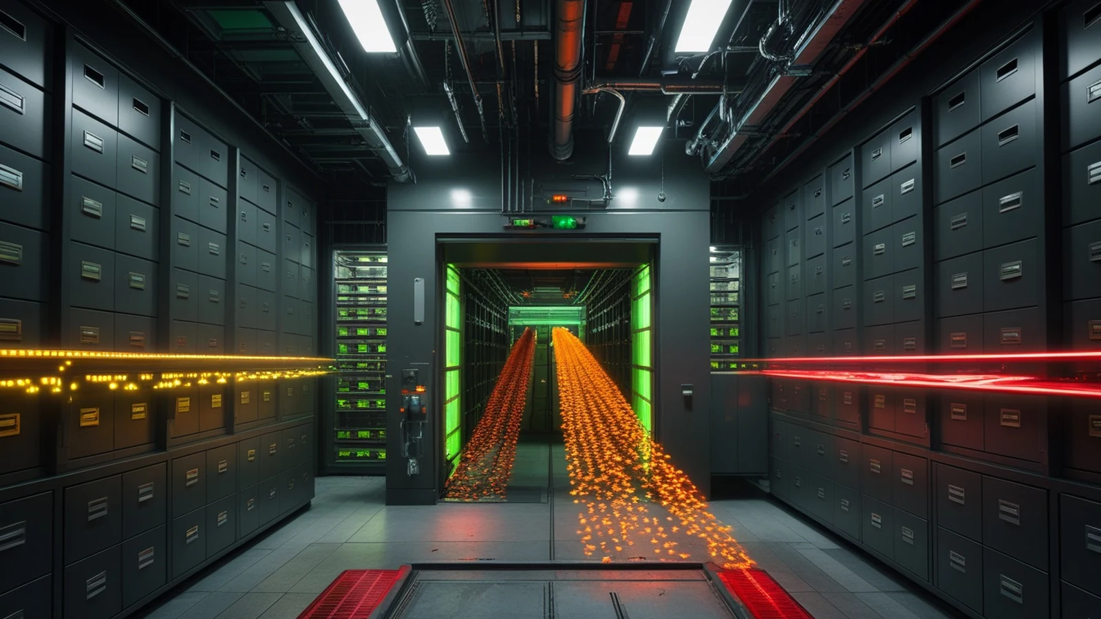 Database query monitoring shown in a dark records facility where an abnormal stream of identity files is stopped at an inspection gateway