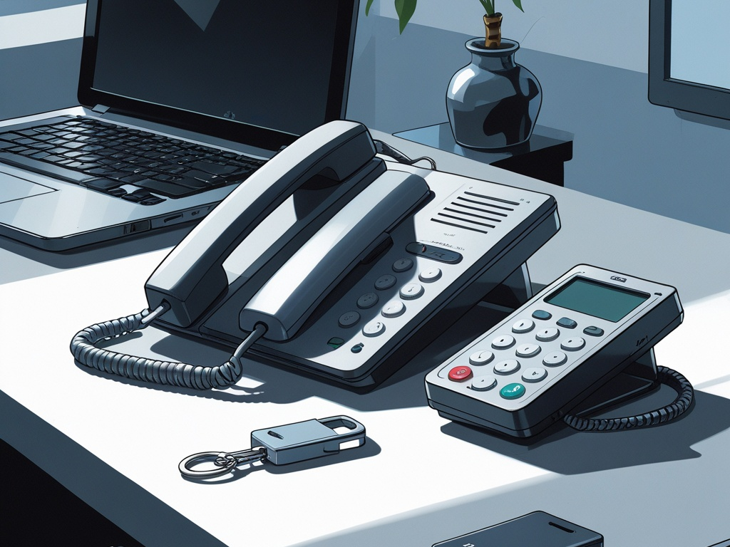 Office desk scene with two business phones, a hardware security key, and a partially open laptop showing a phone-based scam defense theme