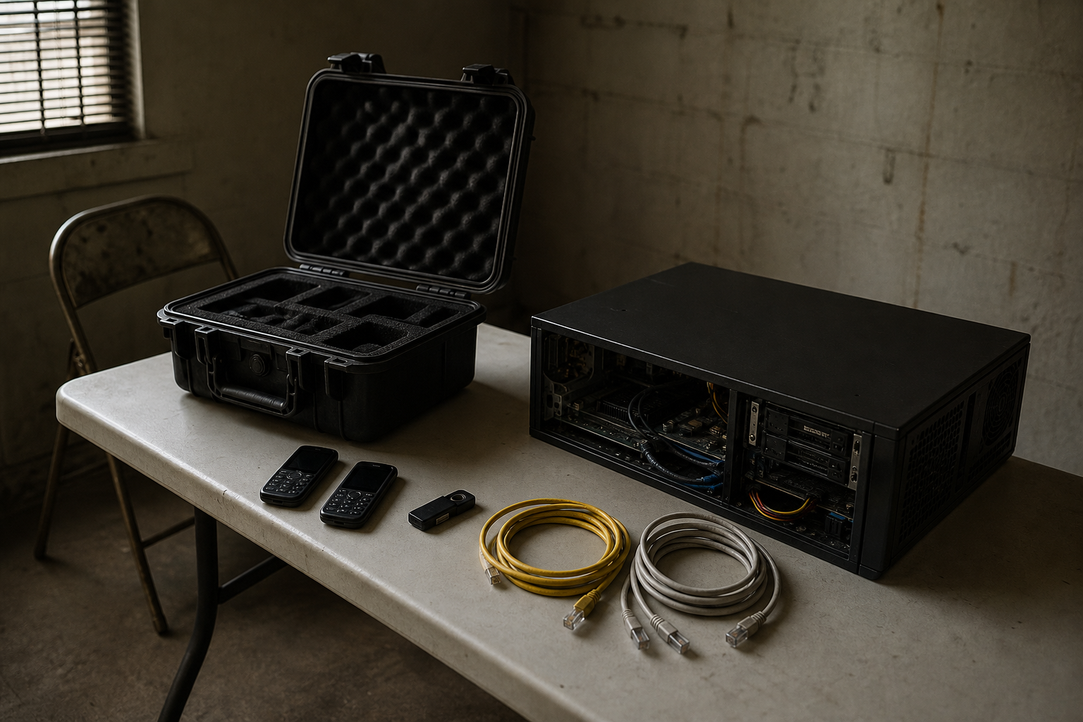 Editorial scene showing an equipment case, burner phones, a hardware wallet, and a rack server on a folding table in a sparse rented office
