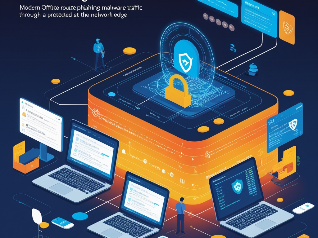 Cybersecurity illustration showing small business laptops and phones routing web traffic through a protected DNS filtering layer while phishing and malware domains are blocked
