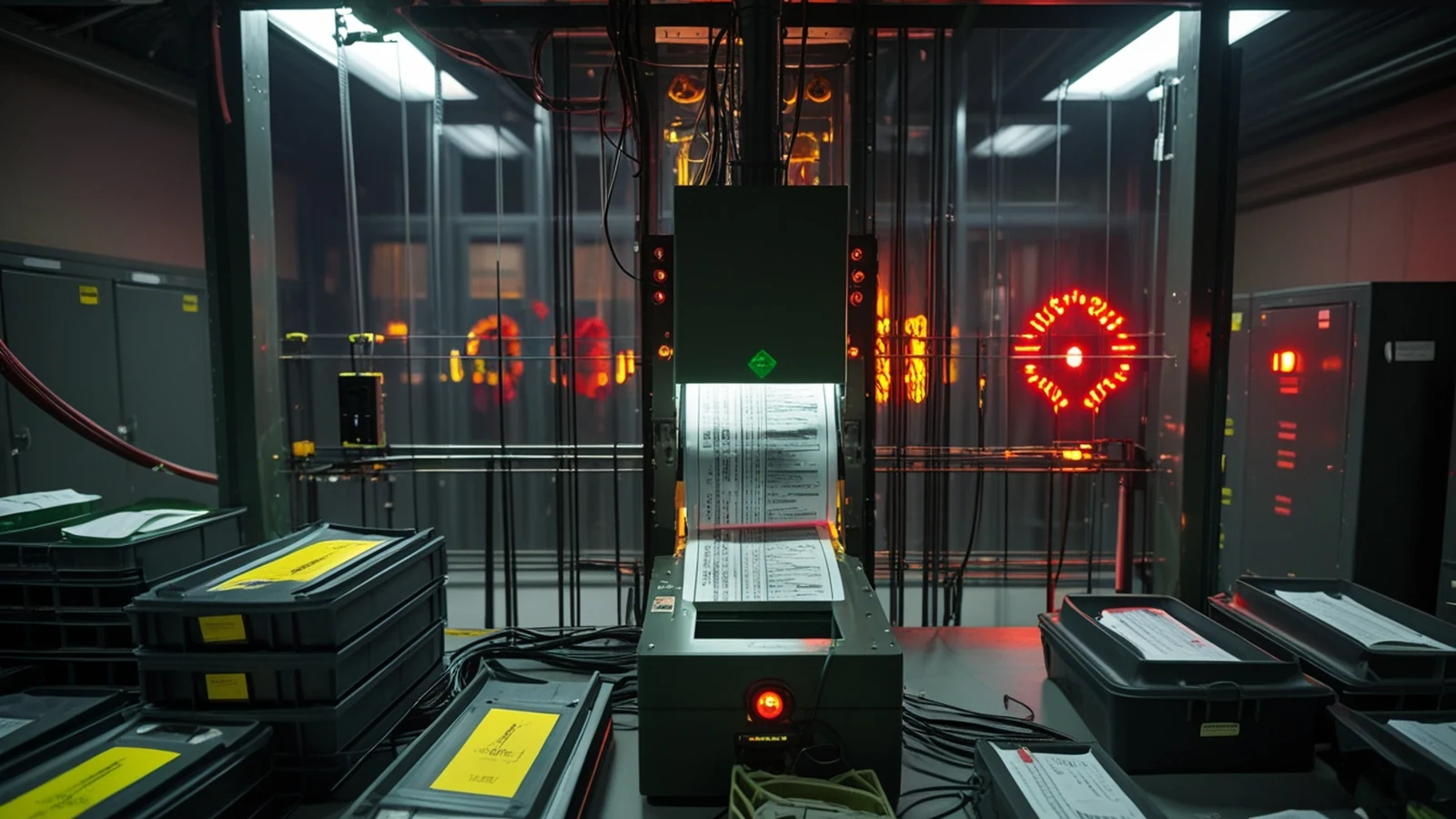 Election AI guardrails represented by a dark election operations room with ballot scanners, verified paper records, and an isolated synthetic media signal