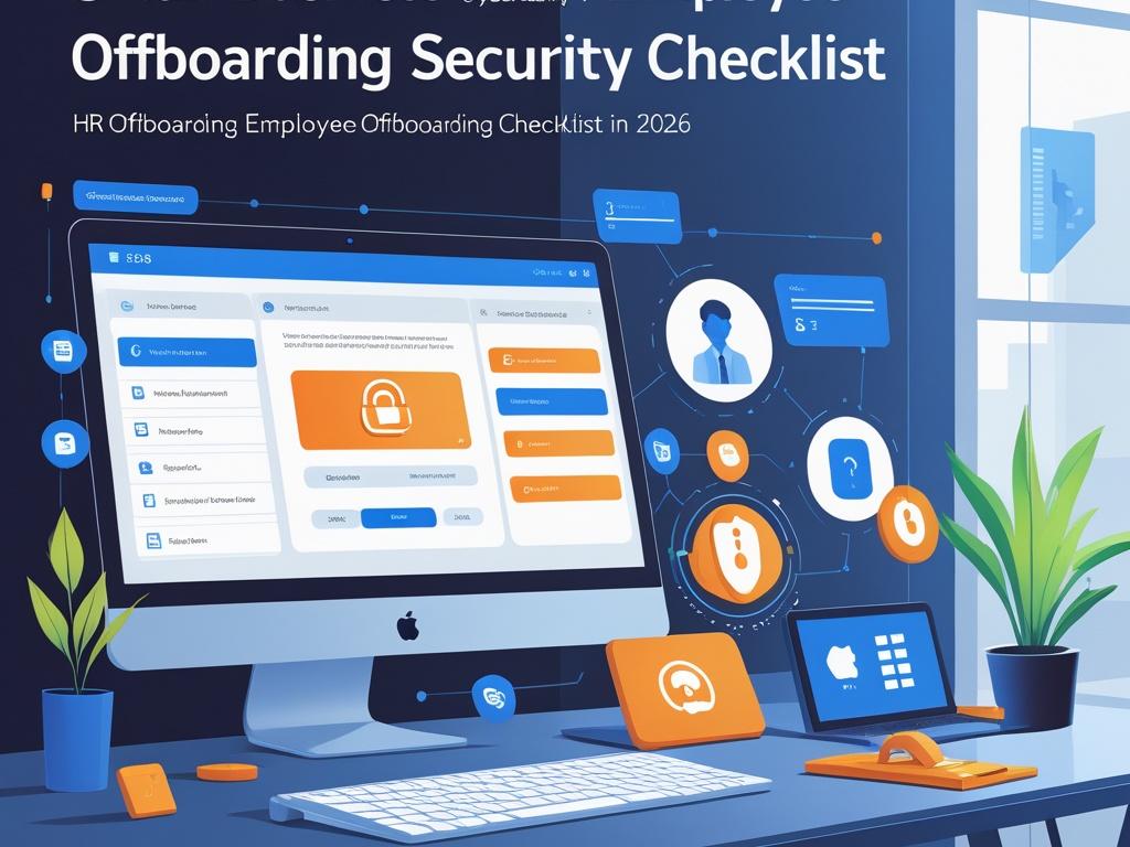 Small business offboarding security illustration showing SaaS access revocation, laptop and phone wipe actions, password vault review, and badge deactivation during an employee exit process