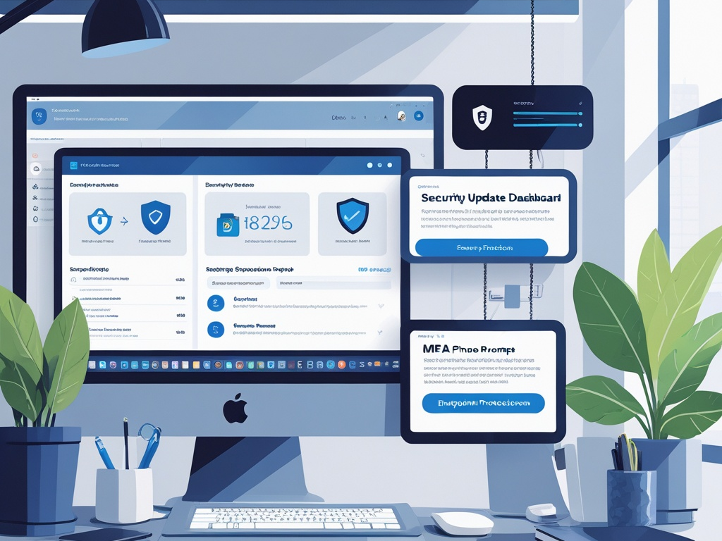 Endpoint security illustration showing managed laptops, encrypted mobile devices, update dashboards, and security controls for a small business IT environment
