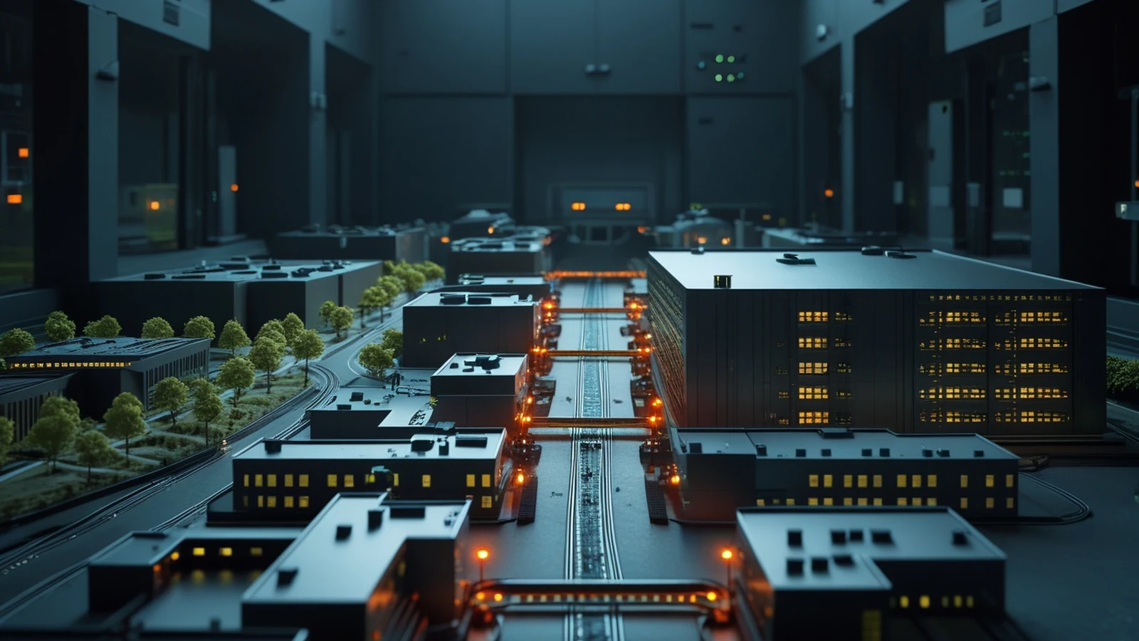 Enterprise AI rollout metrics represented by a dark campus network operations model with connected buildings, secured data routes, and measured activation signals