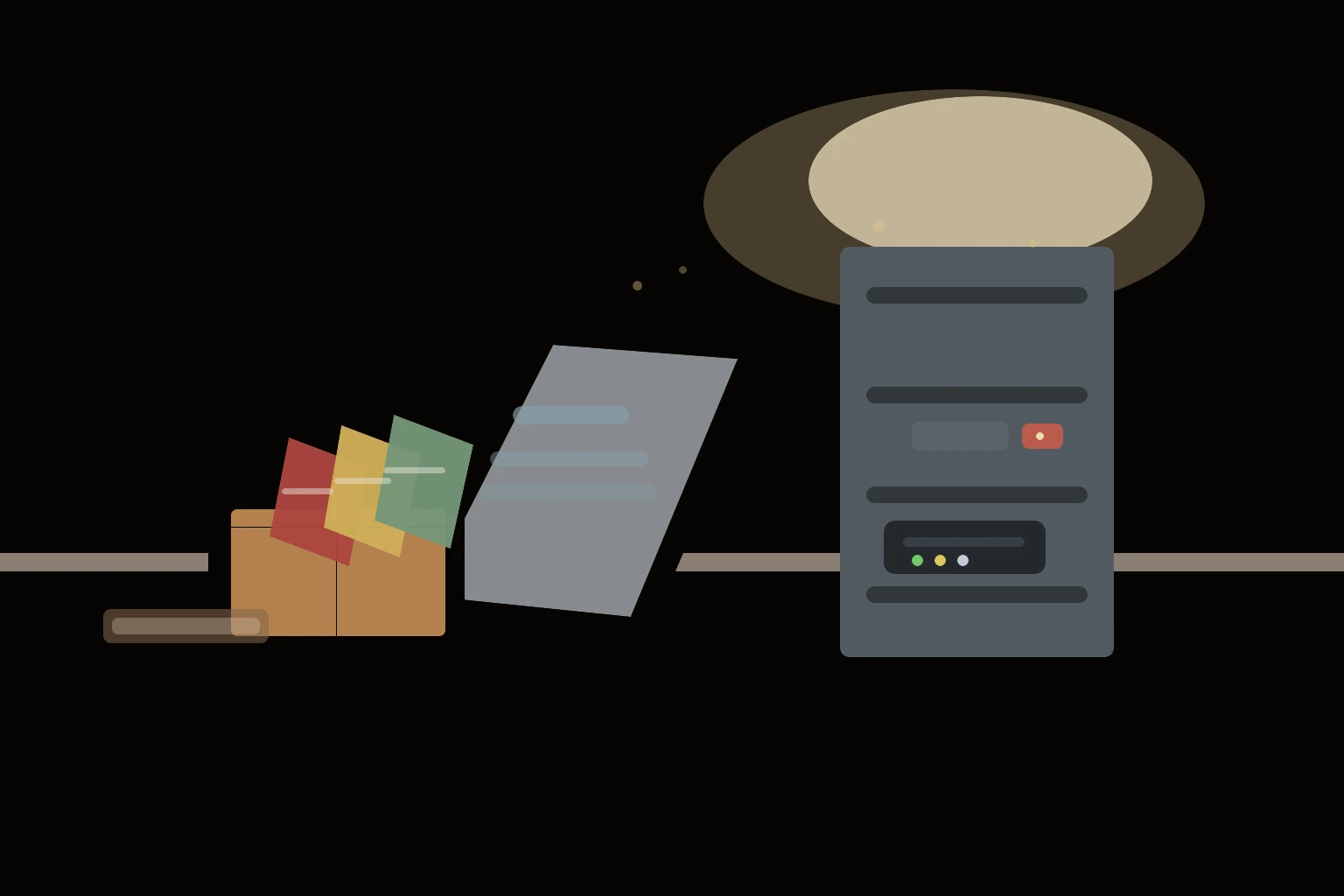 Expired domains malware editorial scene with an abandoned office sign, a dusty shipping box of old brochures, and a repurposed network router in a dim storage room
