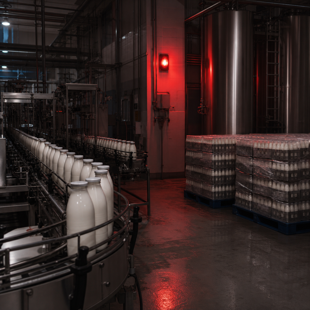 Fairlife ransomware attack editorial scene with a stopped milk bottling line, stainless steel tanks, sealed crates, and a dark red emergency beacon in a dairy plant