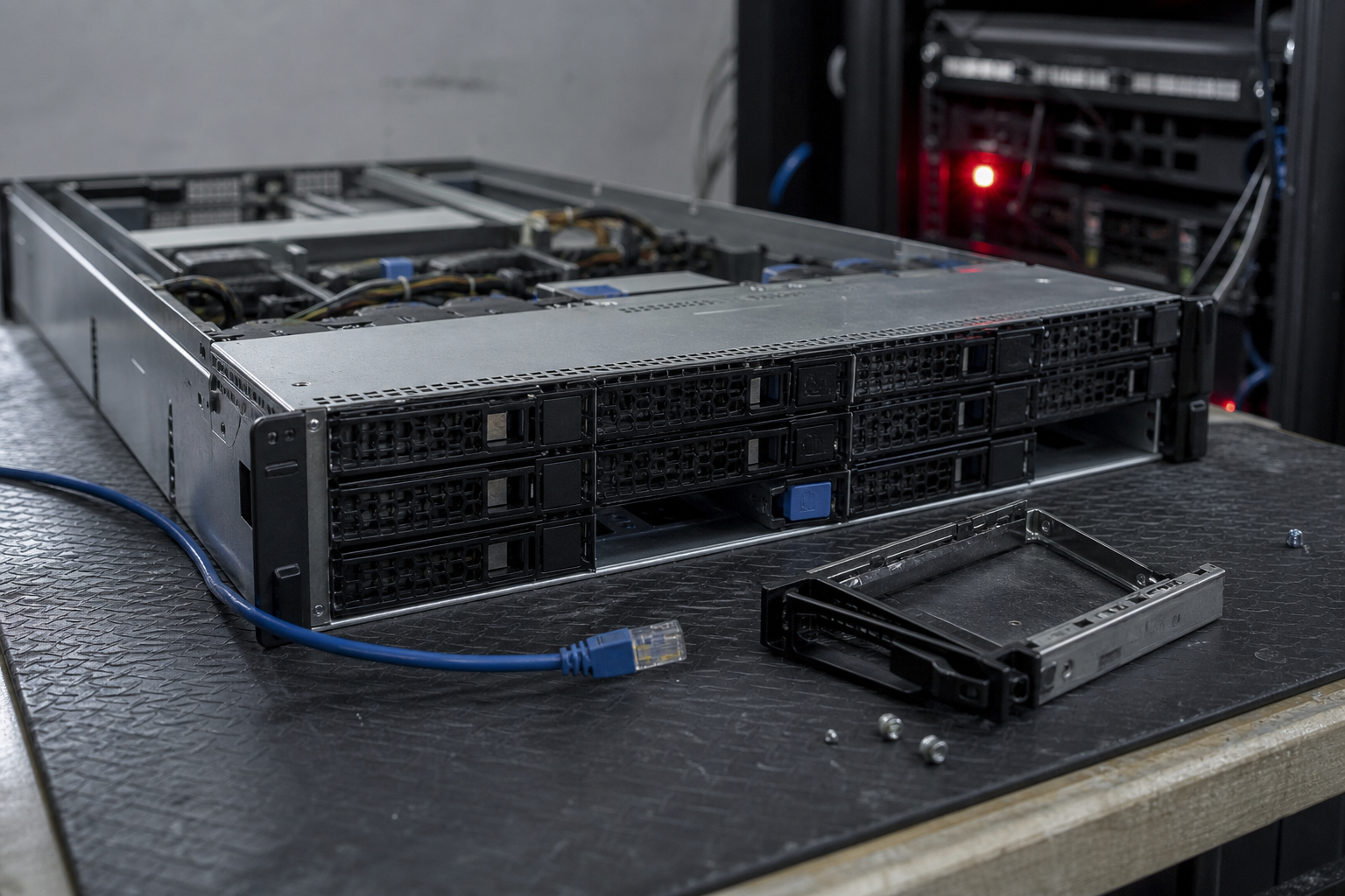 Fastjson vulnerability editorial scene with a rack server pulled from a cabinet, loose Ethernet cables, and an unpatched Java application host on a maintenance bench