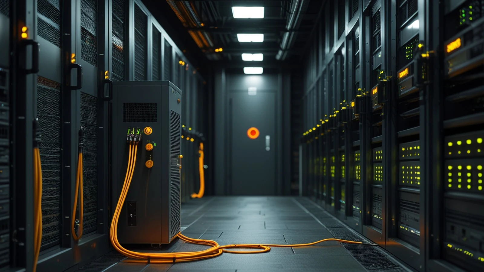 Financial sector cybersecurity scene with isolated banking servers, disconnected auxiliary network links, and amber containment signals
