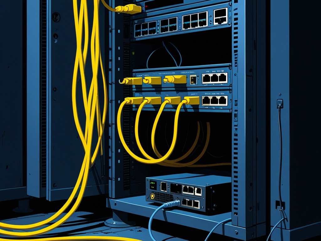 Fire Ant router implants editorial scene with an open enterprise network rack, yellow patch cables, and tampered infrastructure hardware
