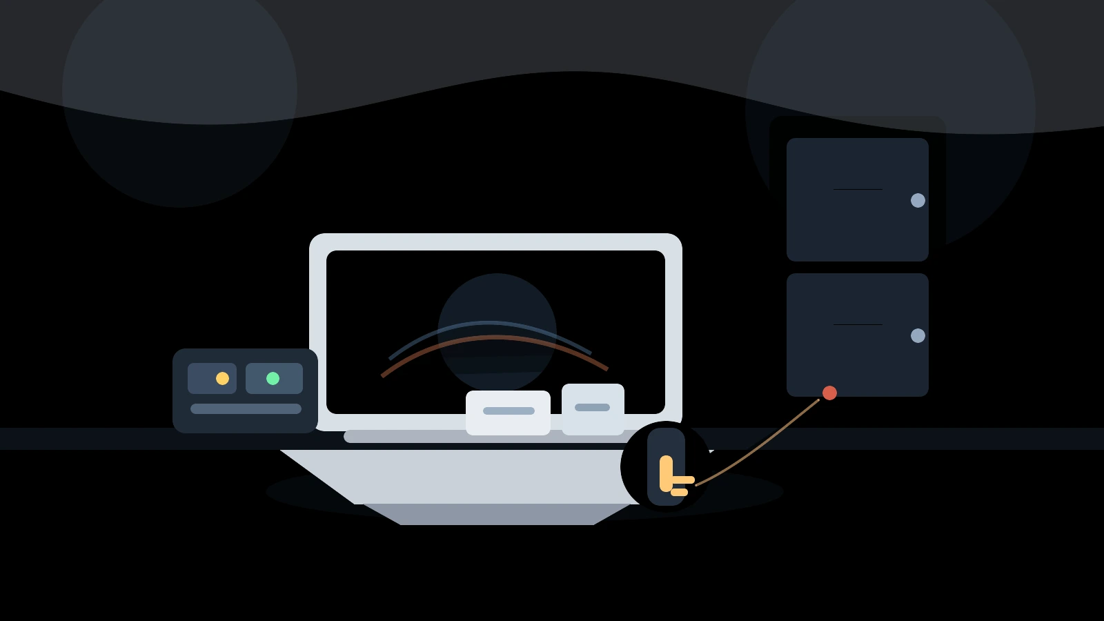 Firefox GPG key exposure editorial scene with a software release desk, hardware security token, and sealed update media without visible text