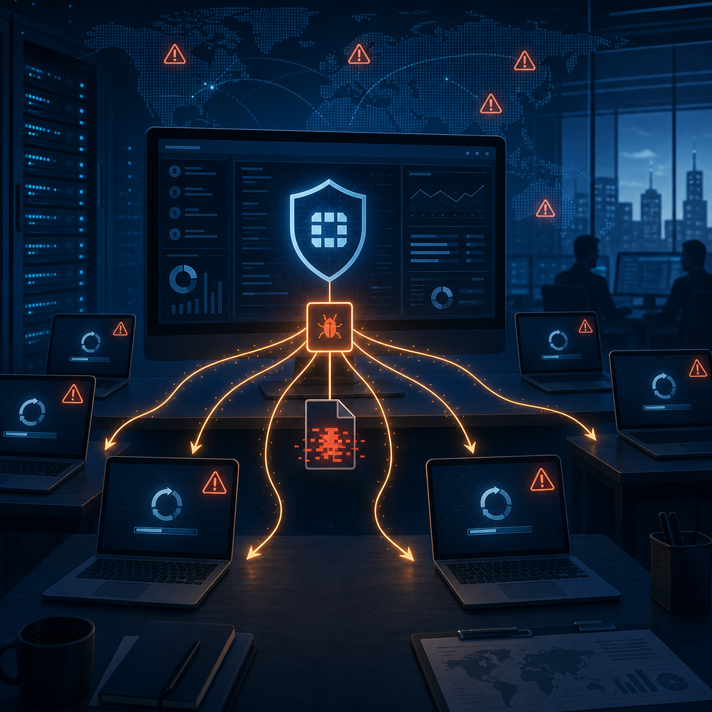 Editorial illustration of a FortiClient EMS vulnerability sending a fake enterprise update from a management console to multiple compromised laptops