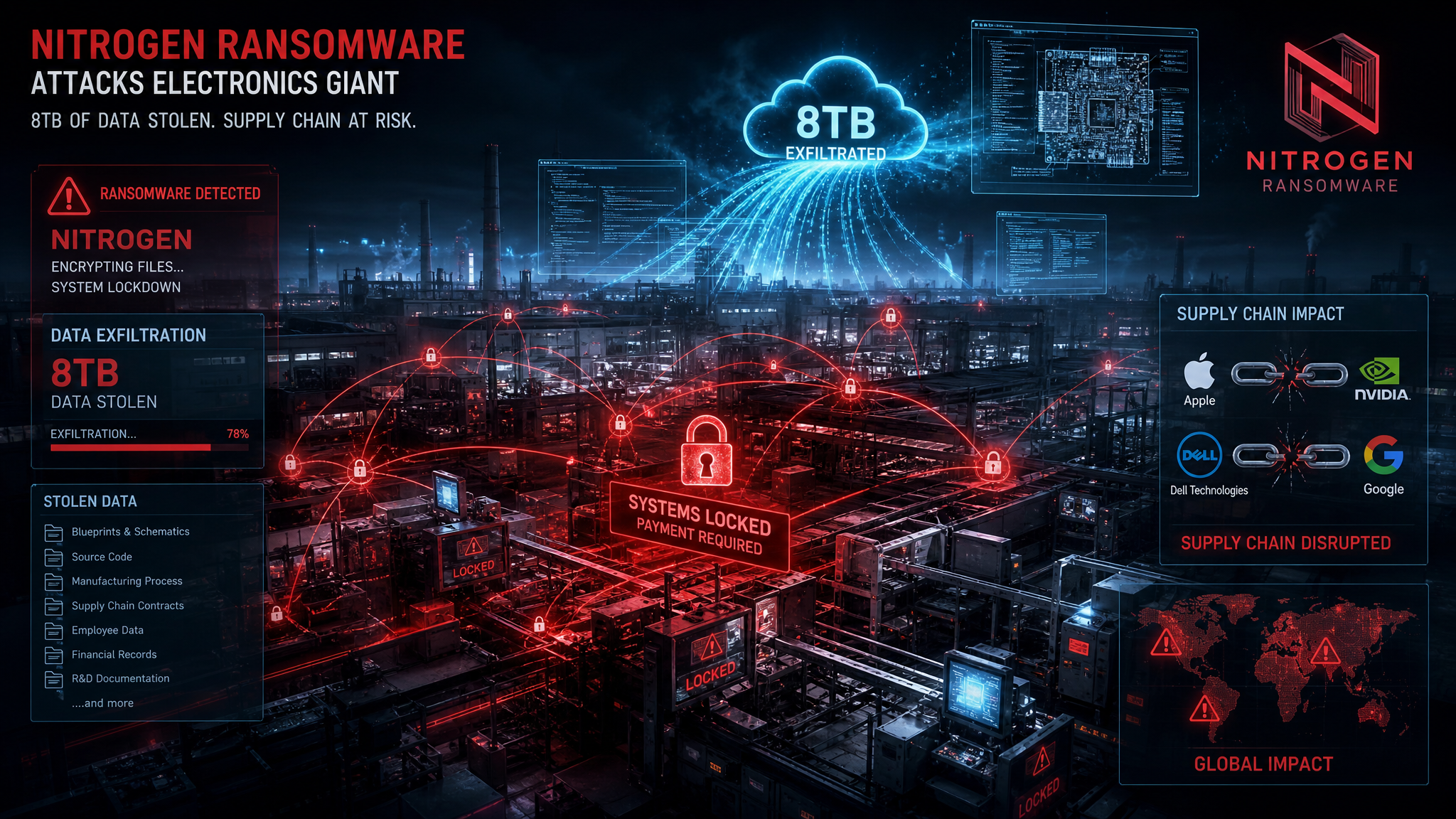 Foxconn manufacturing facility under Nitrogen ransomware attack with stolen tech schematics and supply chain disruption visualization