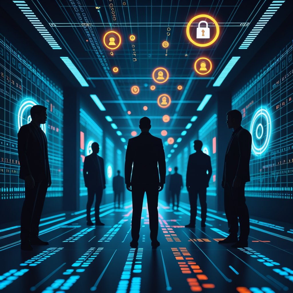 Futuristic visualization of machine identities and human silhouettes in cyberspace representing non-human identity security