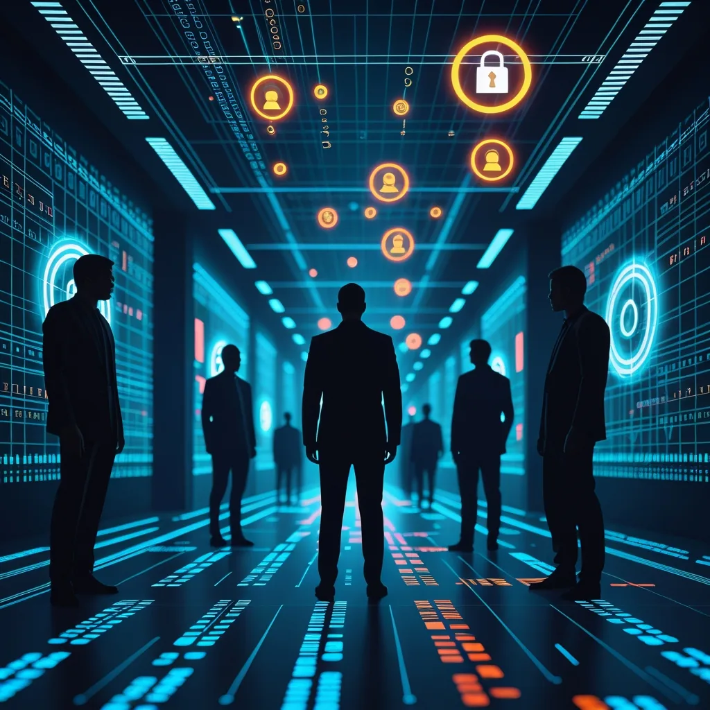 Futuristic visualization of machine identities and human silhouettes in cyberspace representing non-human identity security