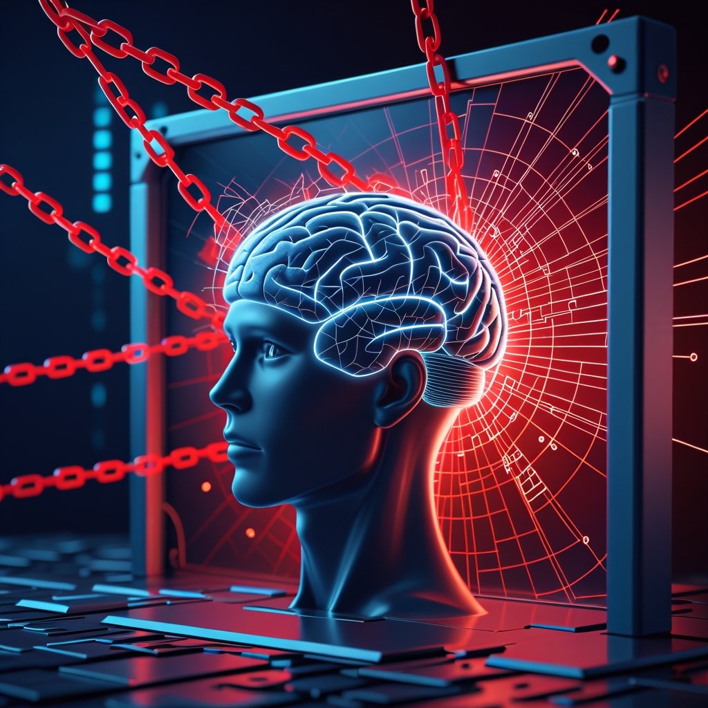 AI jailbreak attack concept showing digital chains breaking through LLM security shield