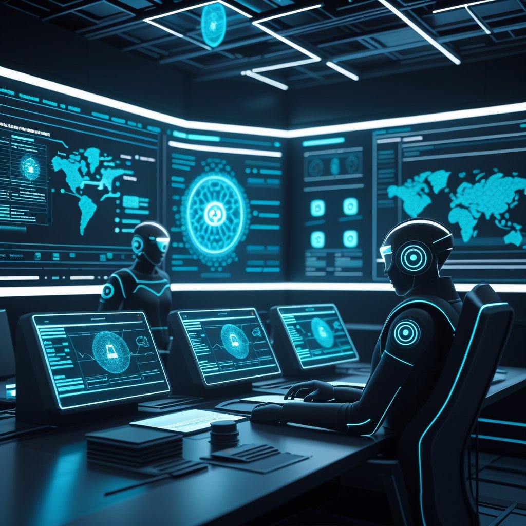 Futuristic AI-powered Security Operations Center with holographic threat detection displays and autonomous AI agents monitoring digital threats