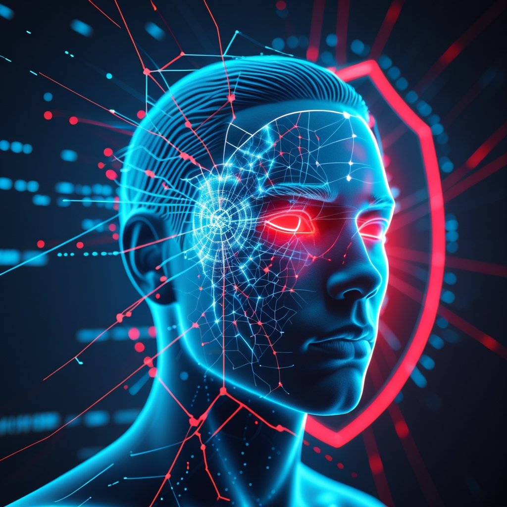 AI biometric security concept showing digital face recognition system vulnerable to deepfake attacks and identity theft