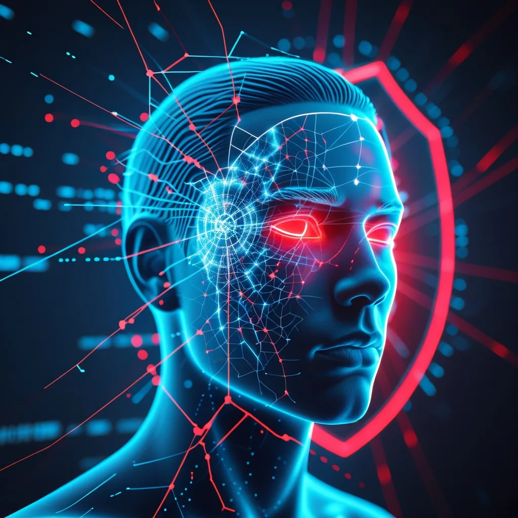AI biometric security concept showing digital face recognition system vulnerable to deepfake attacks and identity theft
