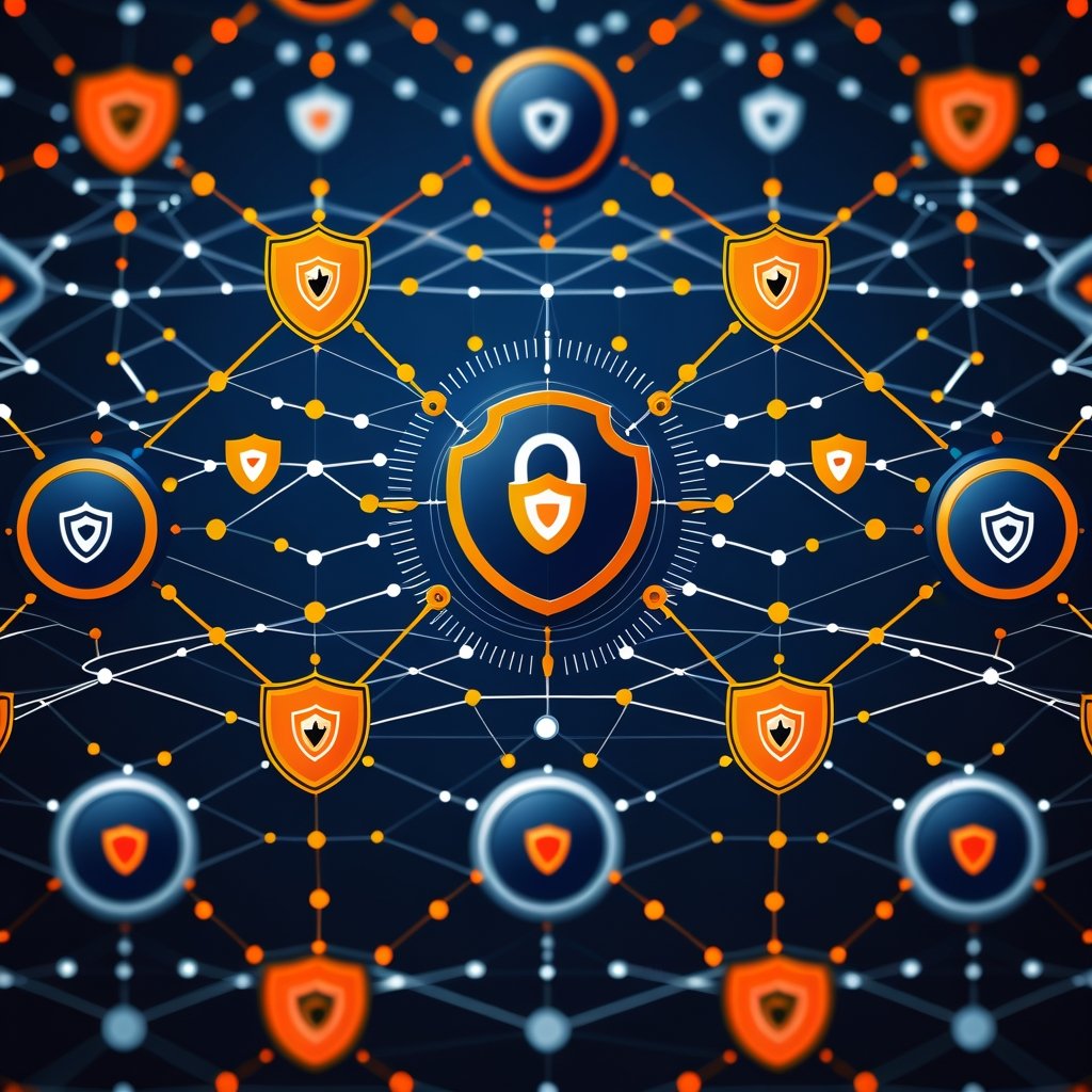 Federated learning security concept showing distributed AI network nodes with security vulnerabilities and protection shields