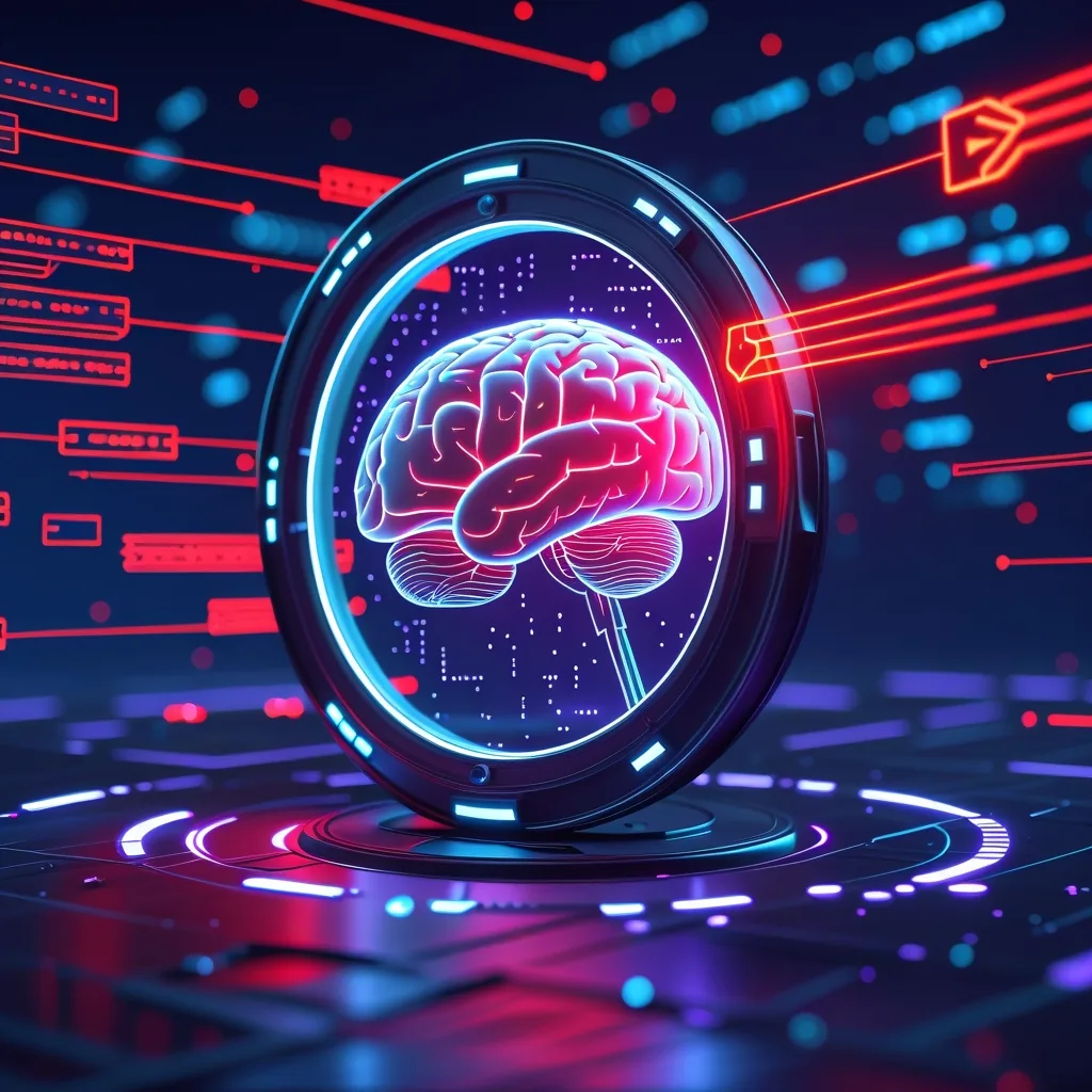 Cybersecurity visualization showing AI brain protected by shield from API attack vectors