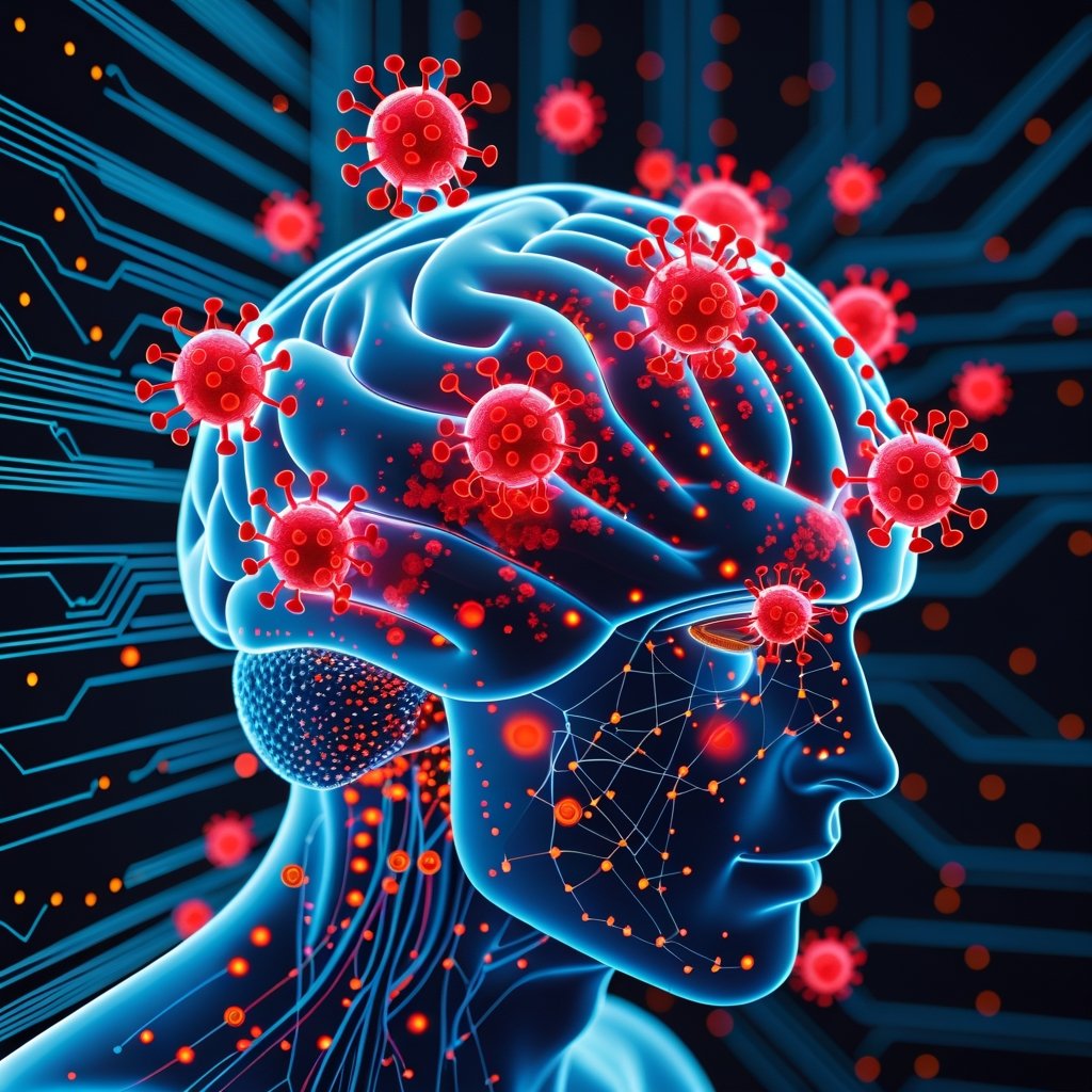AI data poisoning attack visualization showing corrupted data streams infecting a neural network