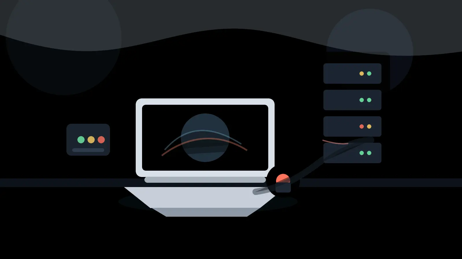 Ghostjacking attack editorial scene with a developer laptop beside a server rack and alert hardware, showing trusted monitoring systems steering an AI agent into a hidden infrastructure compromise