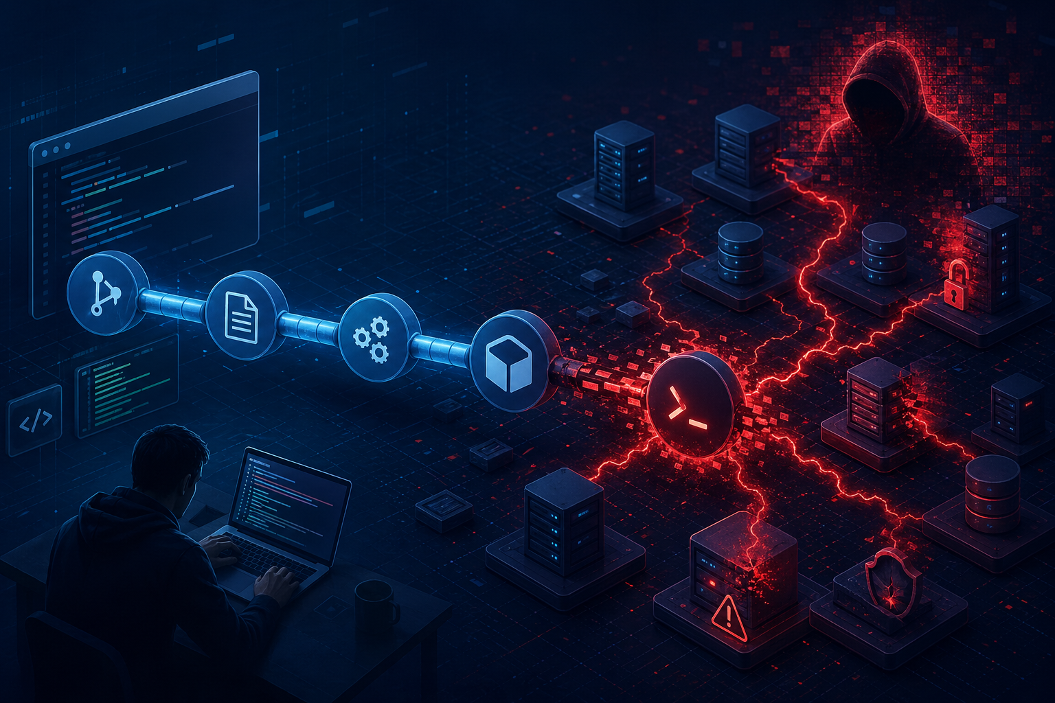 GitHub CVE-2026-3854 visualization showing a malicious git push triggering repository infrastructure compromise