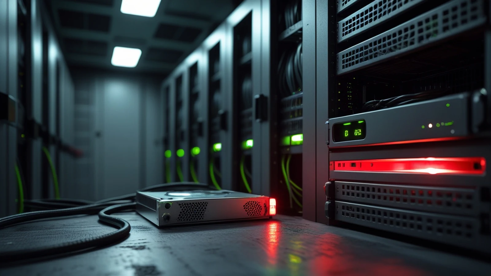 Dark operations room with a secured server rack, repository backup drive, network cables, and a red maintenance indicator during an emergency GitLab patch