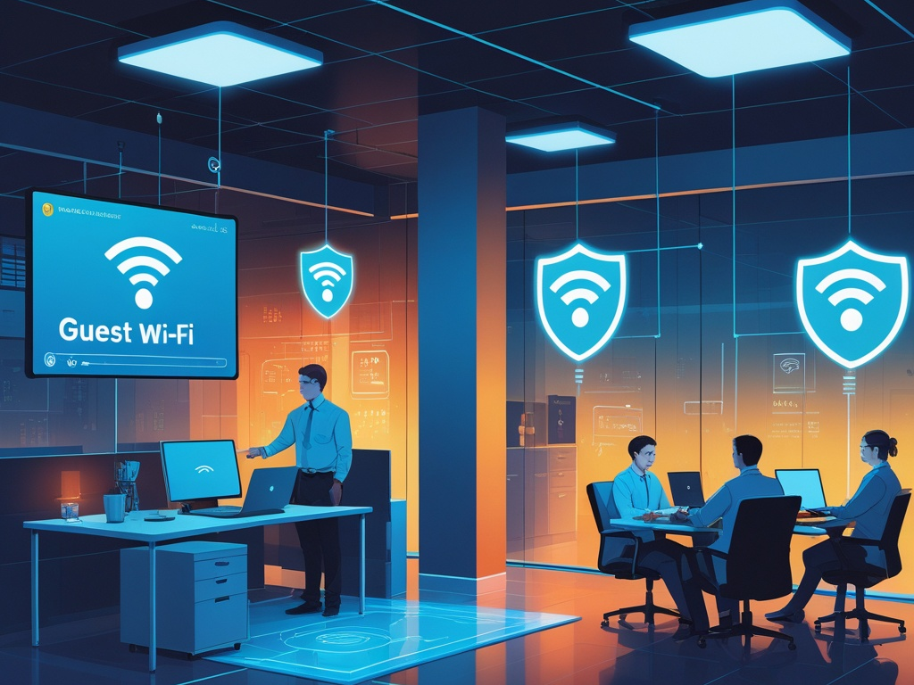 Guest Wi-Fi security illustration showing a small business router with separate guest and internal networks, visitor devices isolated from employee workstations, and network protection shields