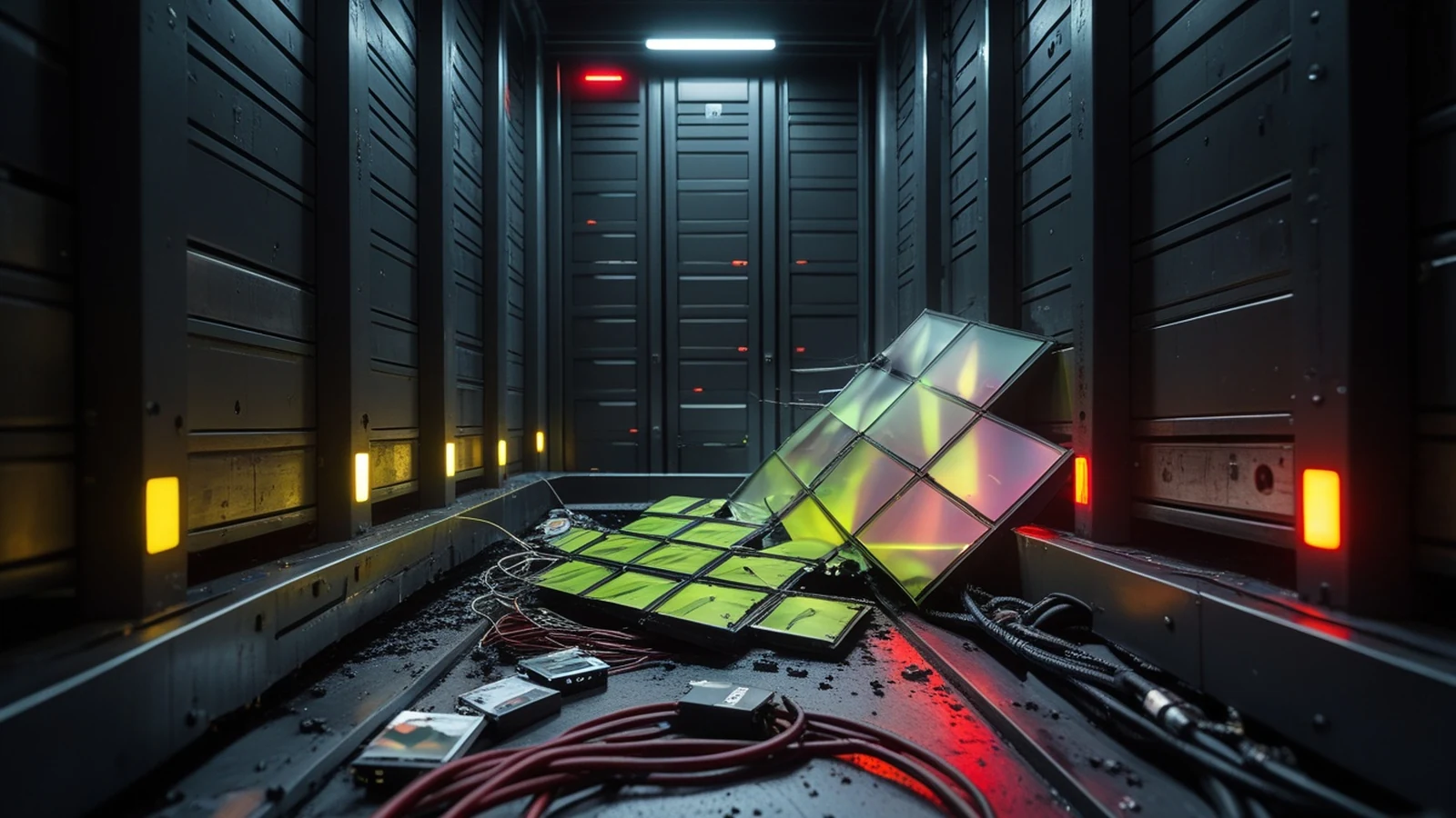 Gyazo data breach editorial scene with a dark archive of image storage drives, scattered photo tiles, and exposed metadata signals