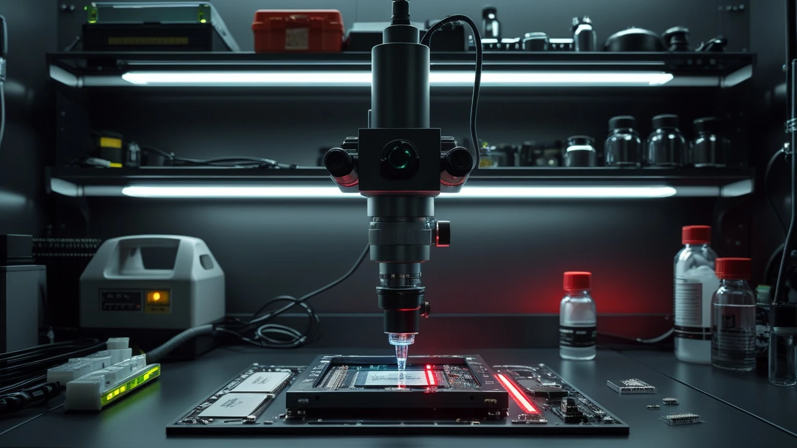 Hardware wallet supply chain attack inspection showing a disassembled signing device, circuit board, evidence lighting, and secure transfer case