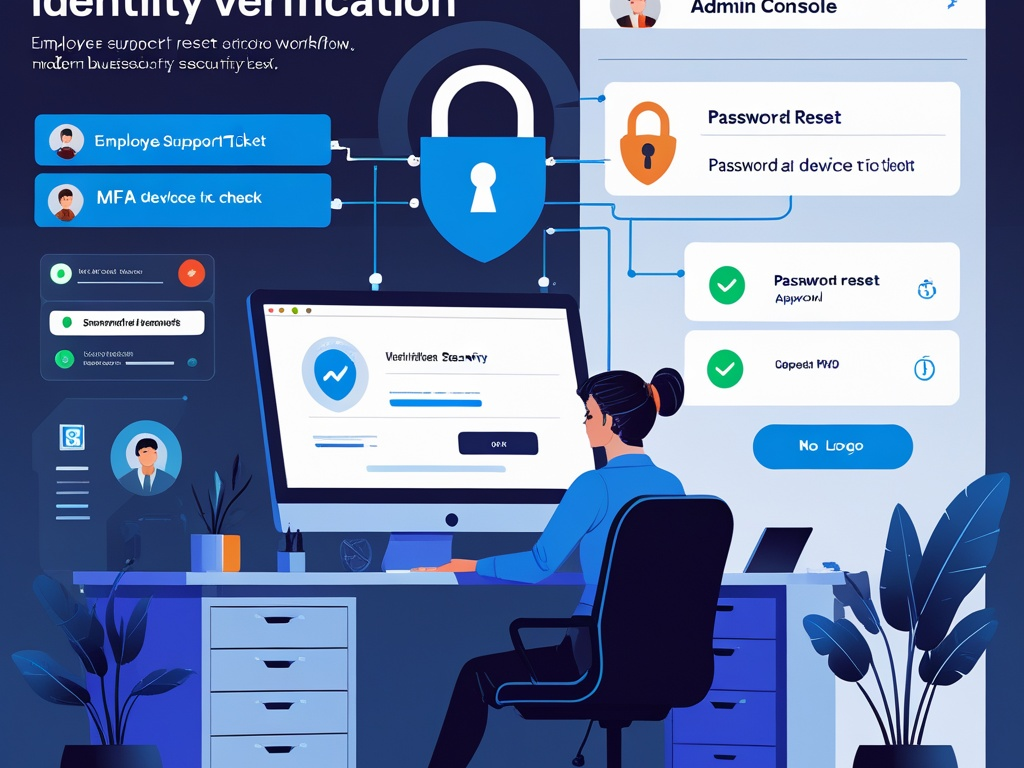 Cybersecurity illustration showing an office IT help desk identity verification workflow with a support ticket, MFA device check, and secure admin console