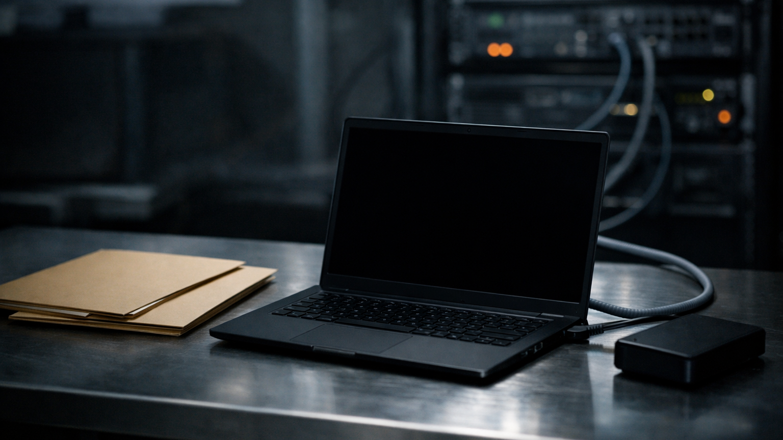 Hermes AI agent editorial scene with an unattended dark-screen laptop, sealed folders, a rack server, and an external drive in a dim back office
