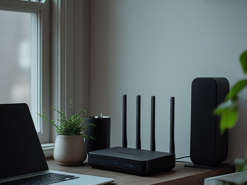 Editorial home office scene with a work laptop beside a Wi-Fi router, smart speaker, and plant on a quiet desk near a window