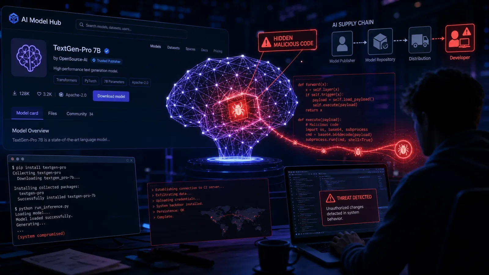 Hugging Face malware supply chain attack showing fake OpenAI repository distributing Sefirah infostealer to developers