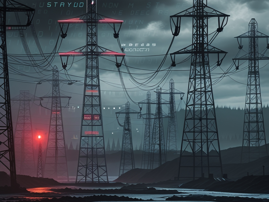 Critical infrastructure cybersecurity breach visualization showing power grid under digital attack