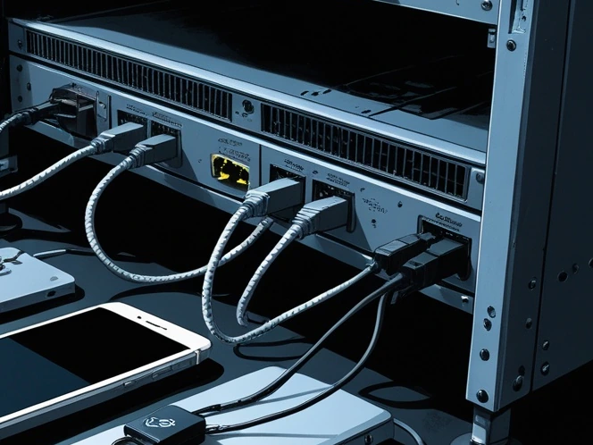 Keycloak password reset flaw editorial scene with a server rack, hardware security key, coiled network cable, and face-down smartphone on an identity admin bench