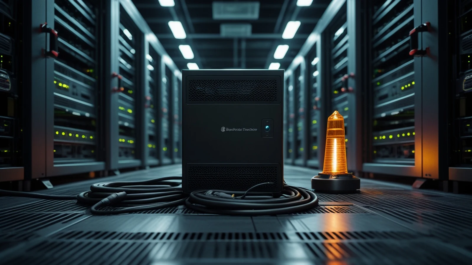 Kiteworks shutdown response shown as an isolated file-transfer appliance in a dark data center during a zero-day warning