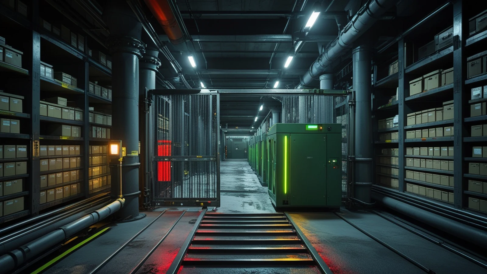 Legacy data breach risk shown by aging archive storage, sealed evidence boxes, and an isolated server in a dark records facility