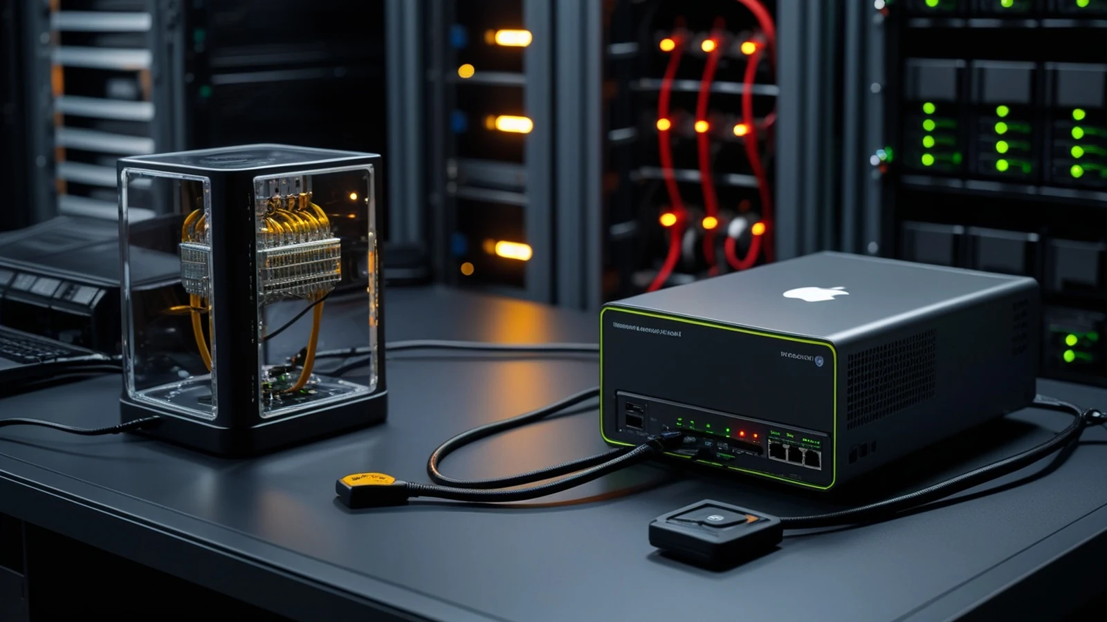 macOS Full Disk Access security scene with a Mac workstation, isolated storage drives, and controlled data pathways for an AI agent