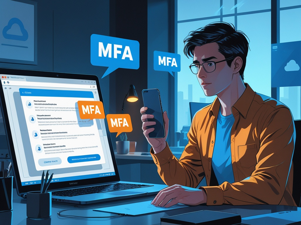 Office worker reviewing repeated MFA push notifications on a smartphone beside a laptop login screen, highlighting rushed approval risk in a modern work environment