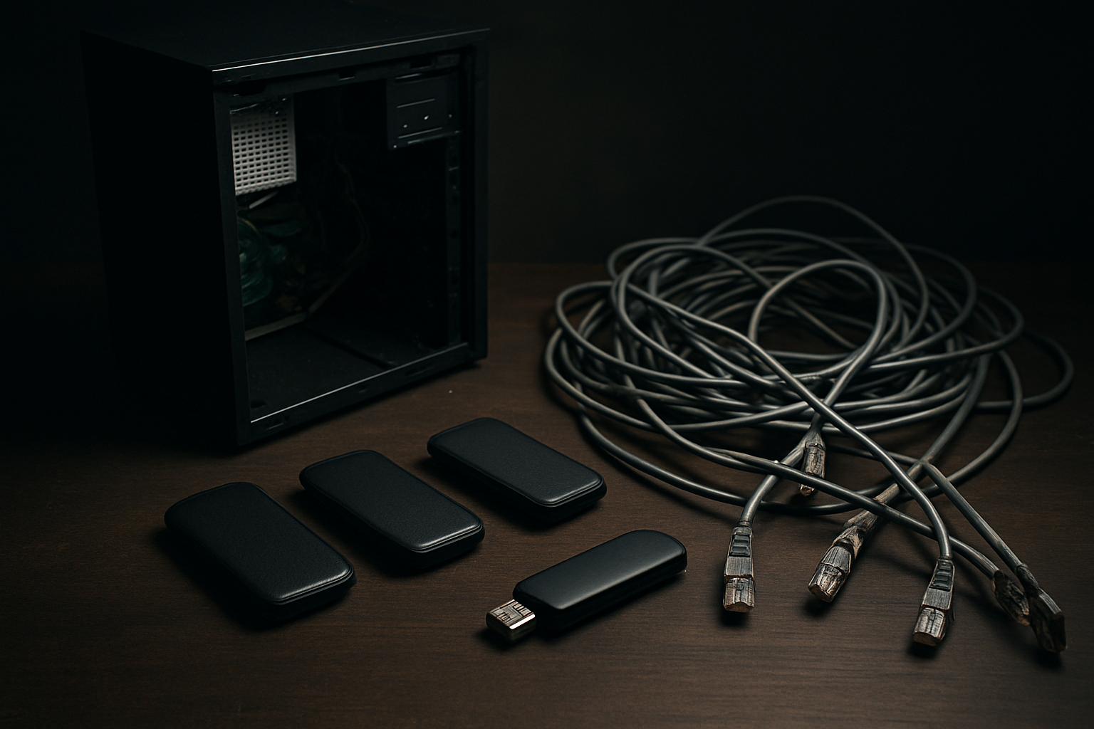 Editorial scene of a small server tower, three burner phones, a USB modem, and tangled Ethernet cables on a dim phishing-operator desk