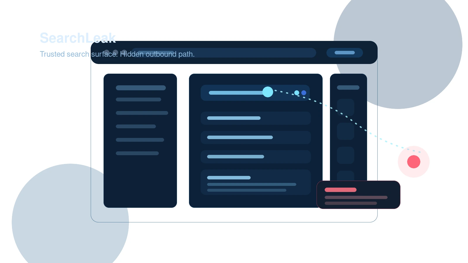 Microsoft 365 Copilot data theft concept showing a trusted Microsoft search window, an exposed mailbox and SharePoint data stream, and a covert outbound exfiltration path