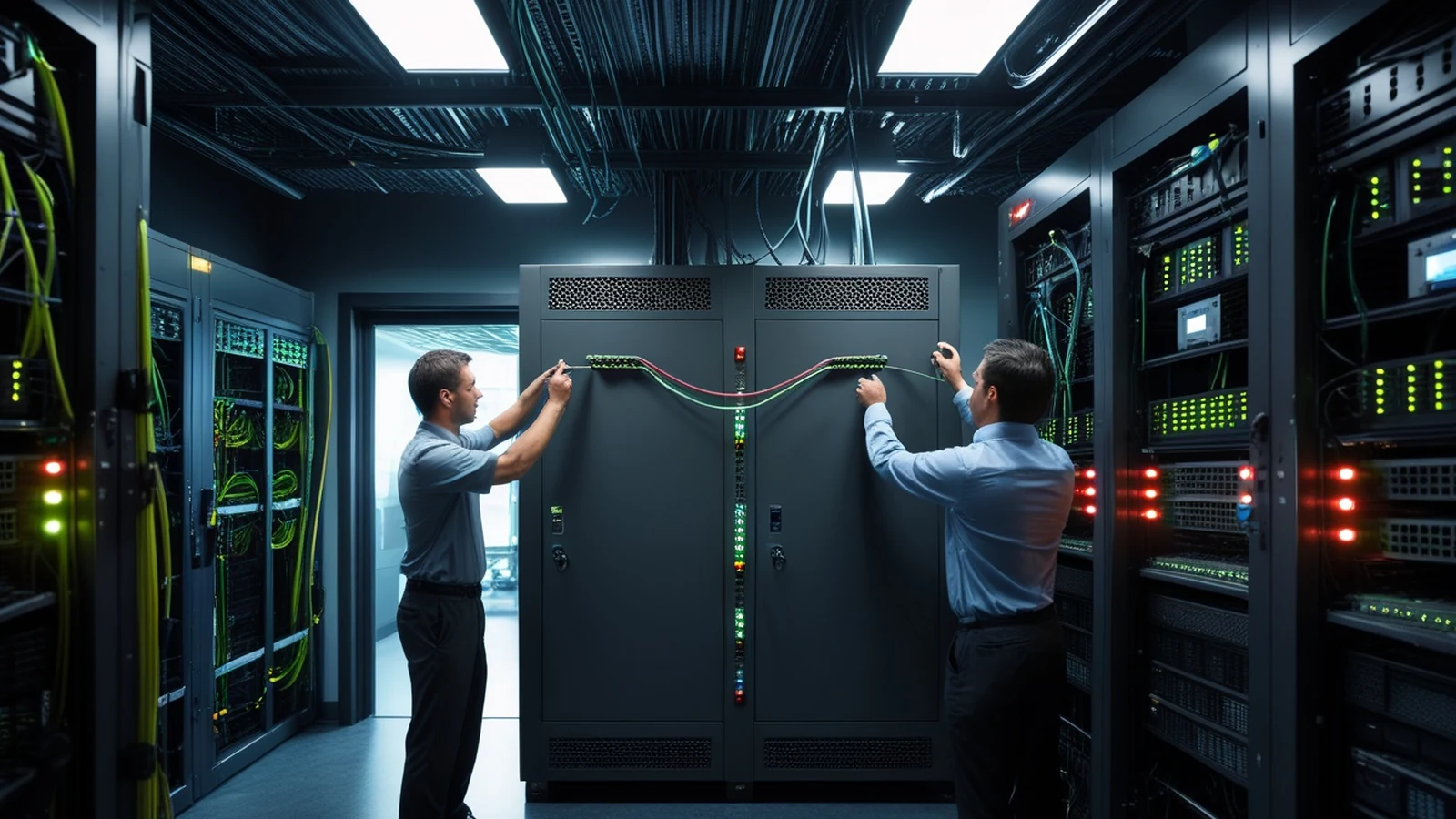 Microsoft Teams domain change review in a dark network operations room with an engineer tracing firewall gateway cables between collaboration service racks