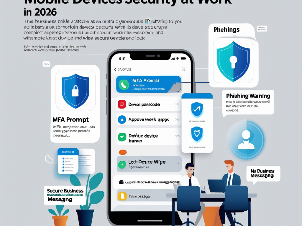 Mobile device security illustration showing a protected work smartphone with MFA prompt, device lock screen, approved business apps, phishing alert, and remote wipe shield