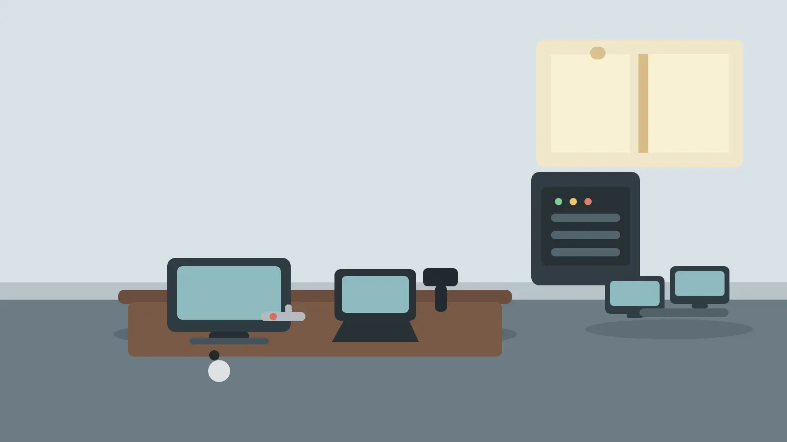 N-able N-central vulnerability editorial scene with an MSP technician desk, a server rack, and several managed office laptops