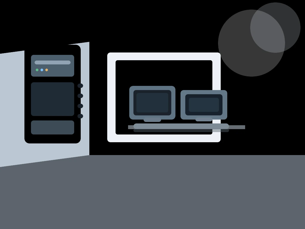 NatJack attacks editorial scene with a network closet router, bundled ethernet cables, and two nearby office workstations sharing the same gateway