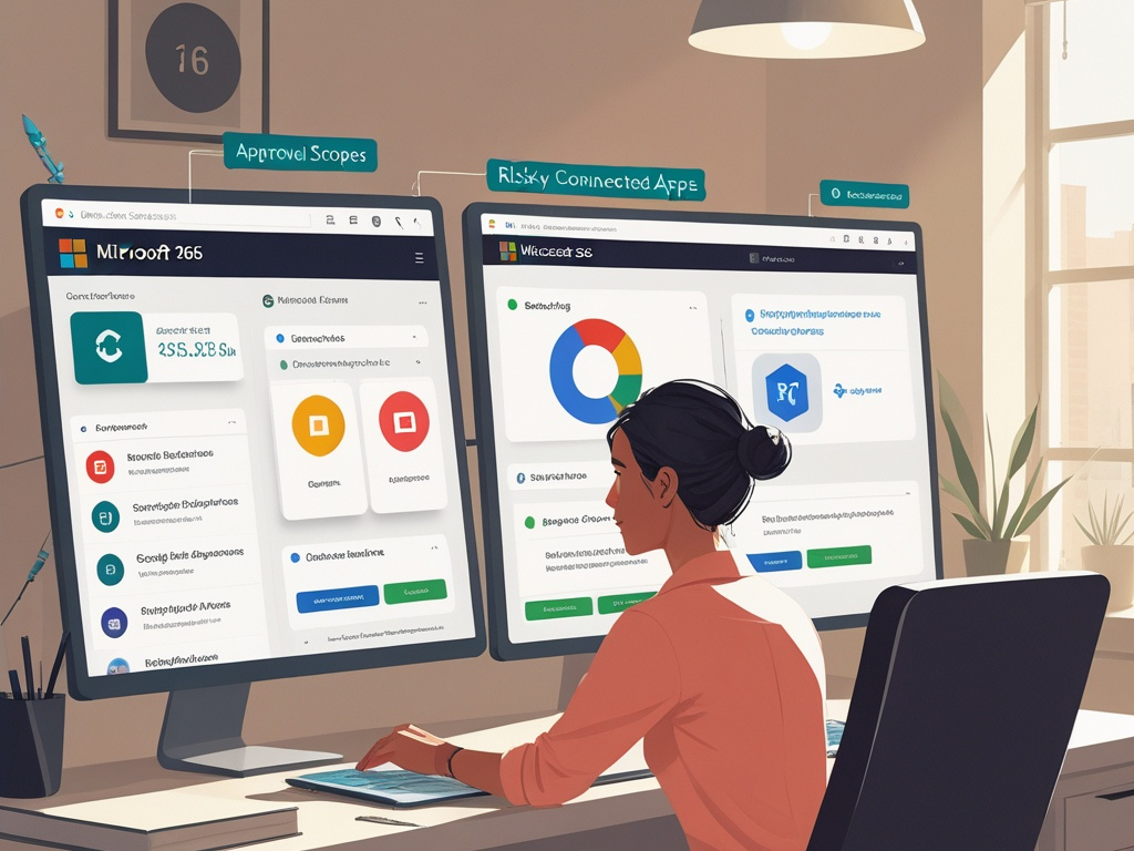 Cybersecurity illustration showing a small business admin reviewing OAuth-connected apps, approval scopes, and third-party access across Microsoft 365 and Google Workspace dashboards